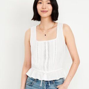 Old Navy Tie-Waist Lace-Trim Top - White Lillies - Size Large Tall